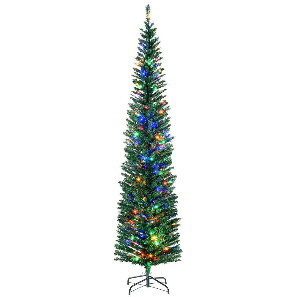 HOMCOM 7.5ft Artificial Pencil Christmas Tree with Colourful Lights, Steel Base