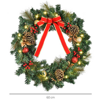 
              60cm Pre-Lit Artificial Christmas Door Wreath Holly LED Decor Pine Cones Hangin
            