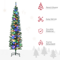 HOMCOM 6ft Artificial Pencil Christmas Tree with Colourful Lights, Steel Base