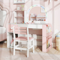 
              Kids Vanity Table and Chair Set with Lighted Mirror Open Storage Shelves-Pink
            