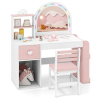 
              Kids Vanity Table and Chair Set with Lighted Mirror Open Storage Shelves-Pink
            