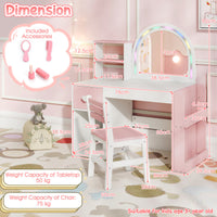 
              Kids Vanity Table and Chair Set with Lighted Mirror Open Storage Shelves-Pink
            