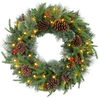 HOMCOM 60cm Christmas Wreath with LED Lights Pine Cones Red Berries Green
