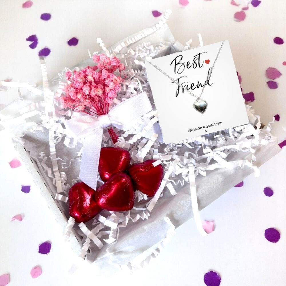 Best Friend Mini Gift Hamper with Silver Heart Necklace | Letter Box Gift For Her | Unique Gifts For Her Birthday, Thank you or Christmas UK