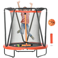 ZONEKIZ 4.6FT Kids Trampoline with Enclosure Basketball and Sea Balls Red