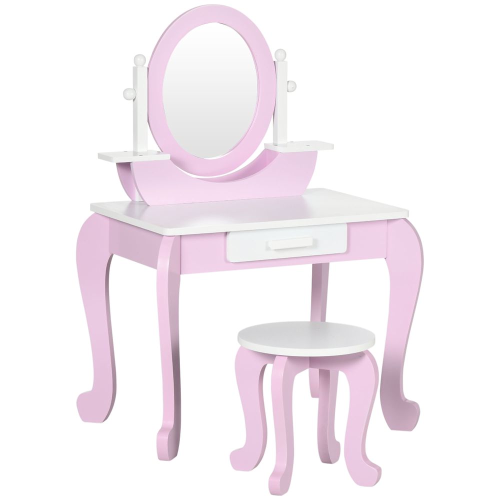 Kids Dressing Table with Mirror and Stool with Drawer for 3-6 Years Old Pink