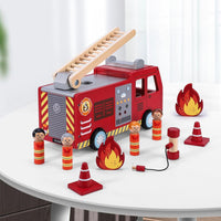 SOKA Wooden Fire Engine Truck with Firefighter Figurines Vehicle Toy for Kids 3+