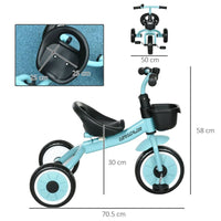 AIYAPLAY Kids Trike Tricycle with Adjustable Seat Basket Bell for Ages 2-5 Years Blue
