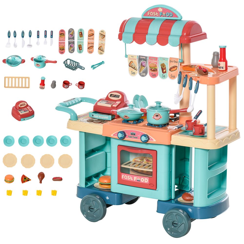 HOMCOM 50 Pcs Kids Kitchen Play set Pretend Trolley Cart Toys for Age 3-6 Years