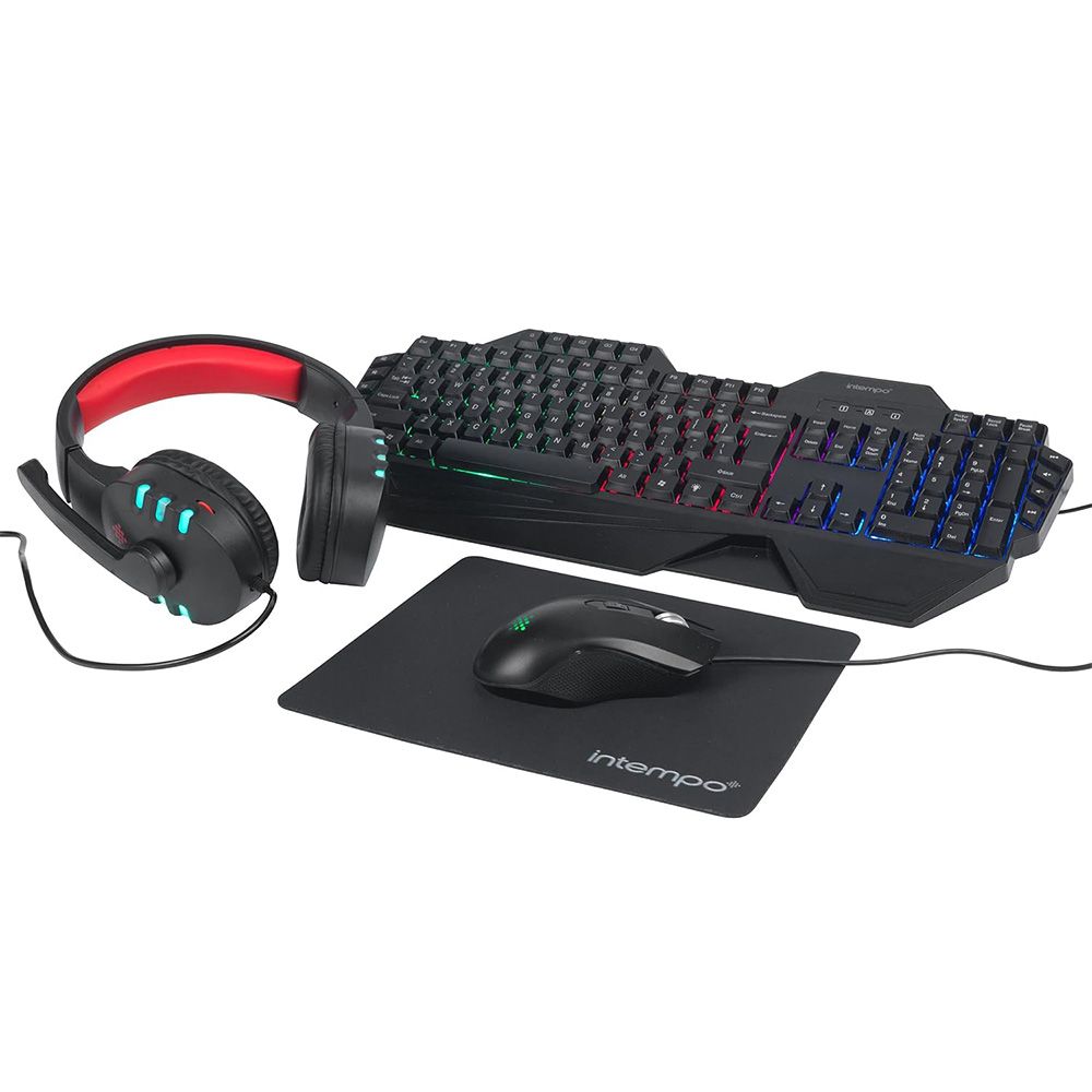 Intempo Quest Gaming Set, Backlit Keyboard, Microphone Headset, Precision Mouse & Mousepad, LED Lights, USB - Black