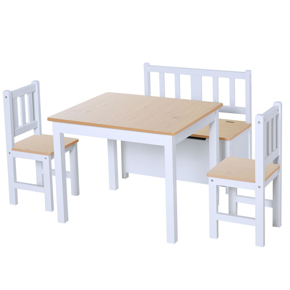 HOMCOM 4-Piece Set Kids Wood Table Chair Bench Storage Function for 3 Years+ Beige White