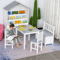 HOMCOM 4-Piece Set Kids Wood Table Chair Bench Storage Function for 3 Years+ Grey White