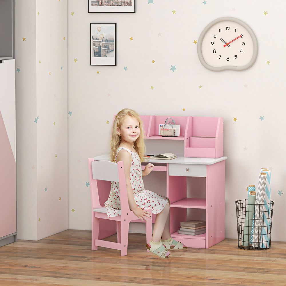 ZONEKIZ Kids Desk and Chair Set with Storage for 5-8 Years Pink