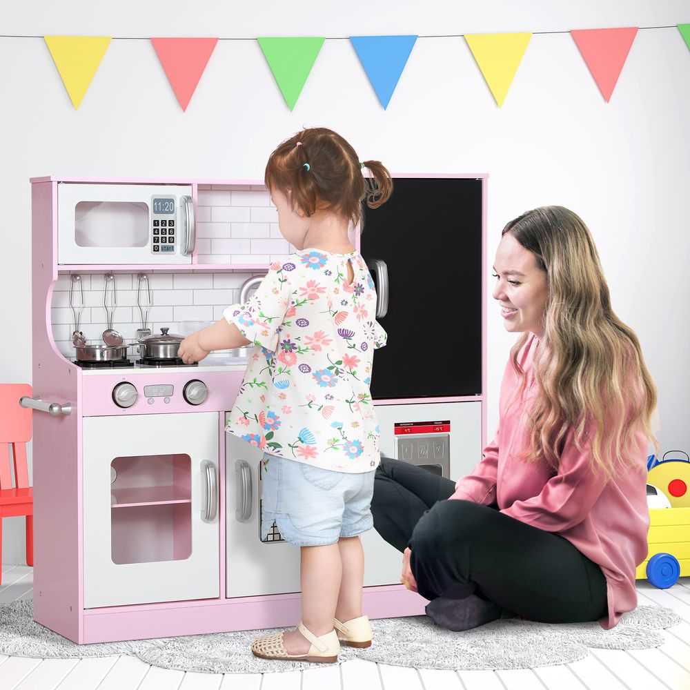 AIYAPLAY Play Kitchen, Pretend Toy Kitchen w/ Toy Phone, Chalkboard, Sink