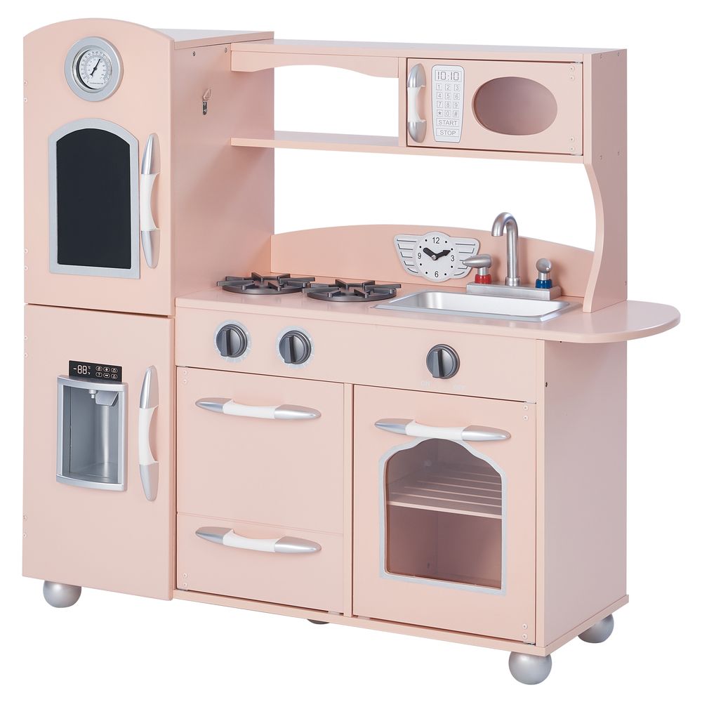 Teamson Kids Retro Wooden Kitchen Toy Kitchen Pink With Ice Maker TD-11414P