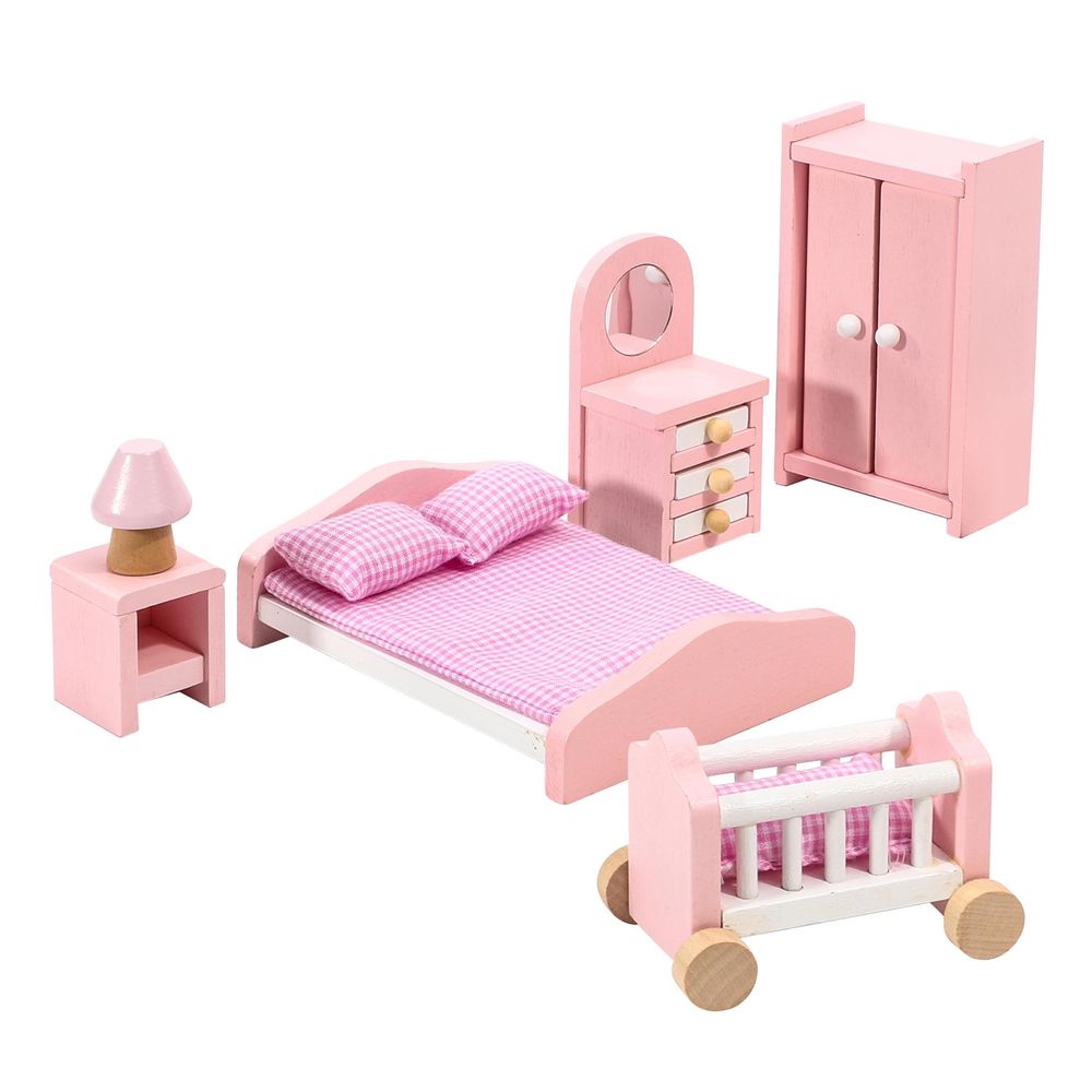 SOKA Wooden Pink Bedroom Playset Pretend Play Doll House Furniture Set