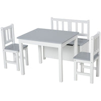 HOMCOM 4-Piece Set Kids Wood Table Chair Bench Storage Function for 3 Years+ Grey White
