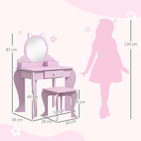 ZONEKIZ Kids Dressing Table Cat Design with Mirror Stool Drawer Storage Boxes