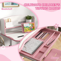 ZONEKIZ Height Adjustable Kids Desk and Chair Set with Drawer Bookshelf Pink