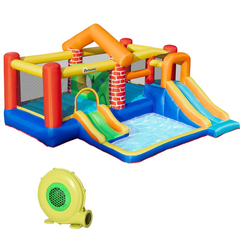 Outsunny Kids Bouncy Castle with Double Slides Pool Trampoline with Blower