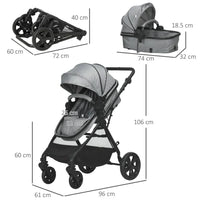 HOMCOM Foldable Baby Pushchair with Fully Reclining Backrest From Birth to 3 Years Grey