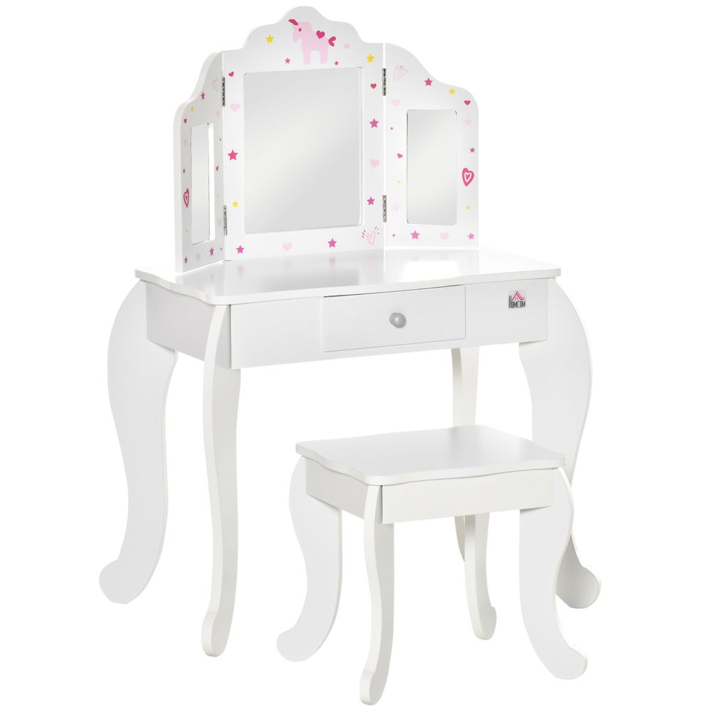 Kids Vanity Table & Stool Girls Dressing Set with Rotatable Mirror Drawer