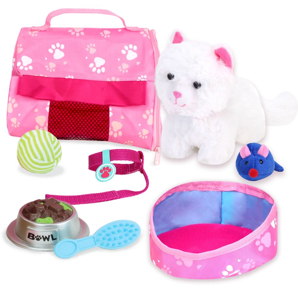 Plush Kitty Cat Carrier & 8 Interactive Accessories 18 inch Baby Dolls Soft Cuddly