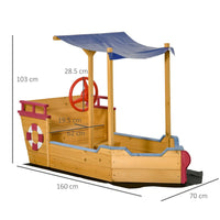Outsunny Kids Wooden Sand Pit Sandbox Pirate Sandboat Outdoor with Canopy Shade