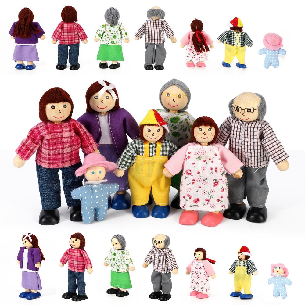 SOKA 7 Pcs Wooden Happy Family Dolls Pretend Role Play Dollhouse Toy Set 3+ Years