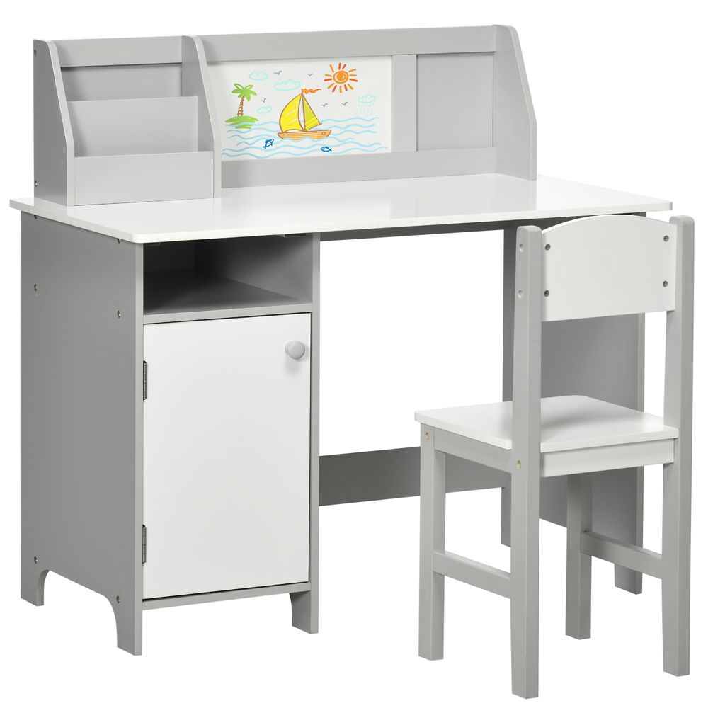 Two-Piece Childrens Table and Chair Set with Whiteboard Storage - Grey