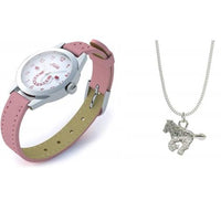 Relda Pink Horse Watch and Girls Jewellery Set – Watch Gift Set for Kids with Silvertone Horse Necklace & Bracelet REL24