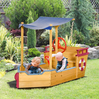
              Outsunny Kids Wooden Sand Pit Sandbox Pirate Sandboat Outdoor with Canopy Shade
            