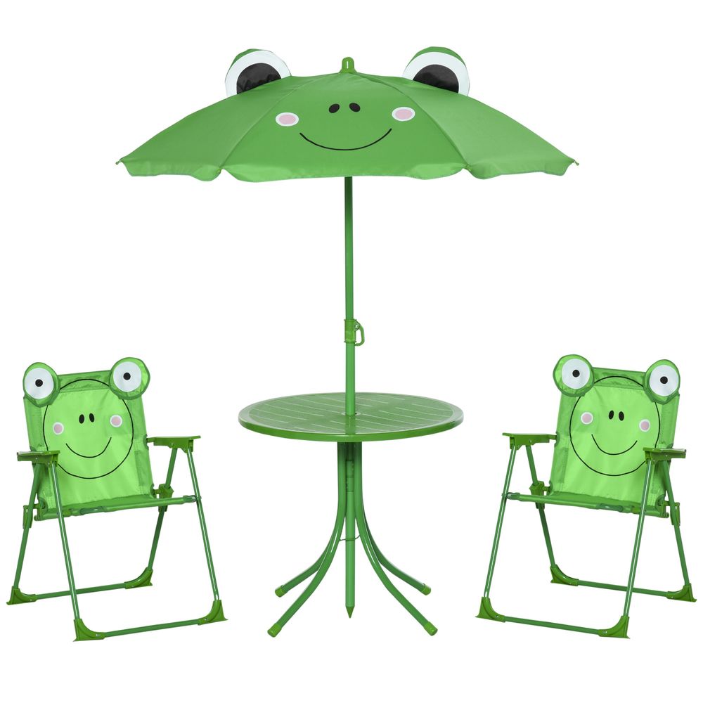 Outsunny Foldable Patio Kids Metal Picnic Table w/ Frog Umbrella Green 4-piece