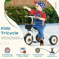 AIYAPLAY Kids Trike Tricycle with Adjustable Seat Basket Bell for Ages 2-5 Years White