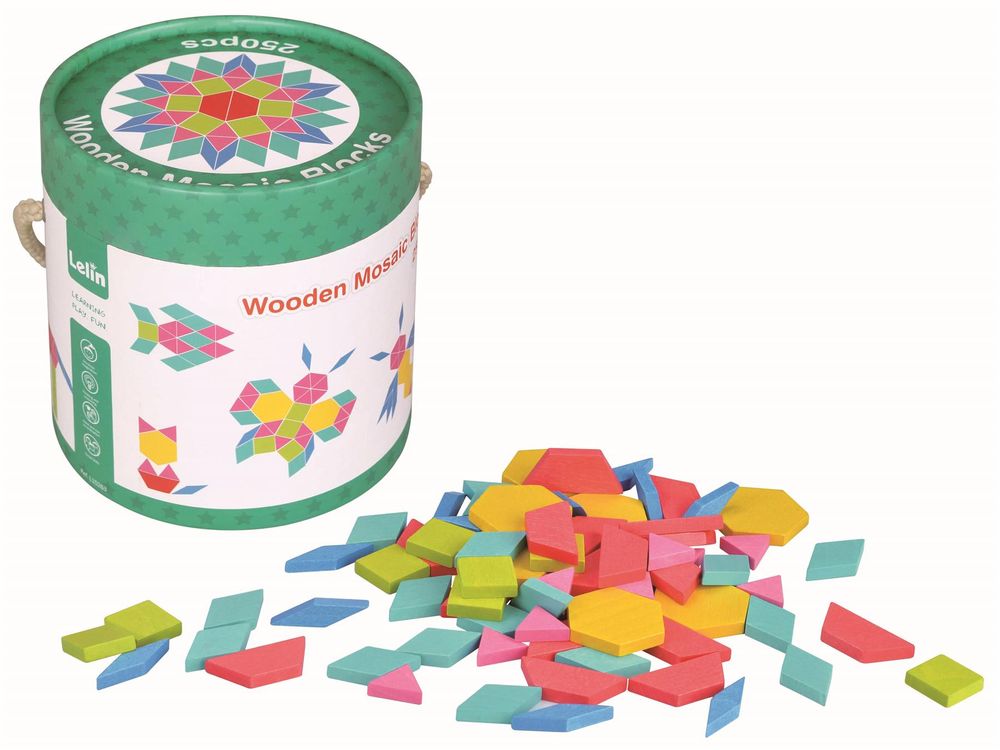 Lelin 250 Pcs Wooden Mosaic Blocks Set Toddler Pattern Blocks Developmental Toy