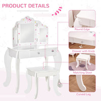 
              Kids Vanity Table & Stool Girls Dressing Set with Rotatable Mirror Drawer
            
