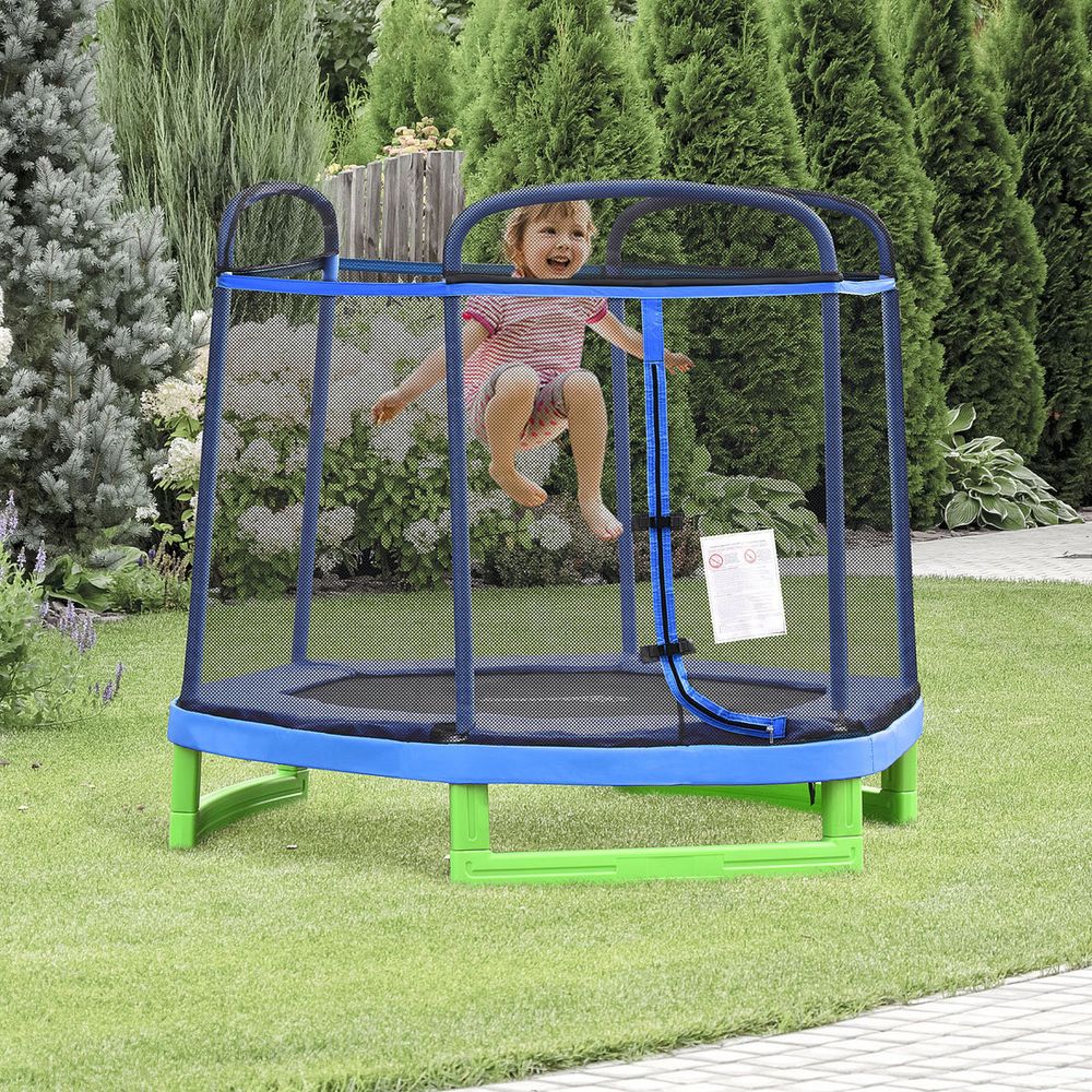 HOMCOM 7FT Kids Trampoline Mini Bouncer W/ Enclosure Ages 3-12 Year Blue