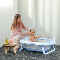 ZONEKIZ Foldable Baby Bathtub with Non-Slip Support Legs Cushion Shower Holder Blue