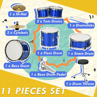 
              AIYAPLAY 11 Piece Junior Drum Set for Kids with Stool, Drumsticks, Blue
            