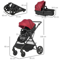 HOMCOM Foldable Baby Pushchair with Fully Reclining Backrest From Birth to 3 Years Red
