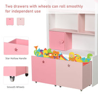 HOMCOM Kids Bookshelf Chest Drawer with Wheels Baby Toy Wood Organizer Pink
