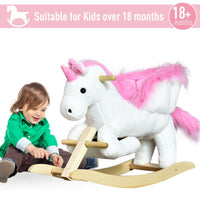 HOMCOM Kids Wooden Ride On Unicorn Rocking Horse Plush Toy Soft Seat Pink