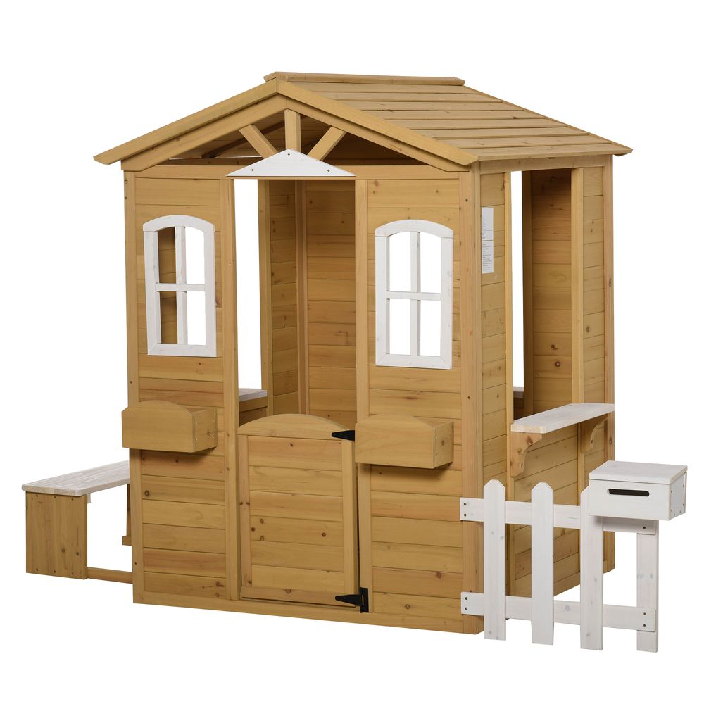 Outsunny Wooden Outdoor Playhouse with Door Windows Bench for Kids Children
