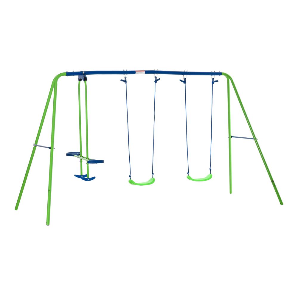 Outsunny Metal 2 Swings & Seesaw Set Height Adjustable Outdoor Play Set GREEN