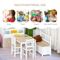 HOMCOM 4-Piece Set Kids Wood Table Chair Bench Storage Function for 3 Years+ Beige White