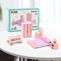 SOKA Wooden Pink Bedroom Playset Pretend Play Doll House Furniture Set