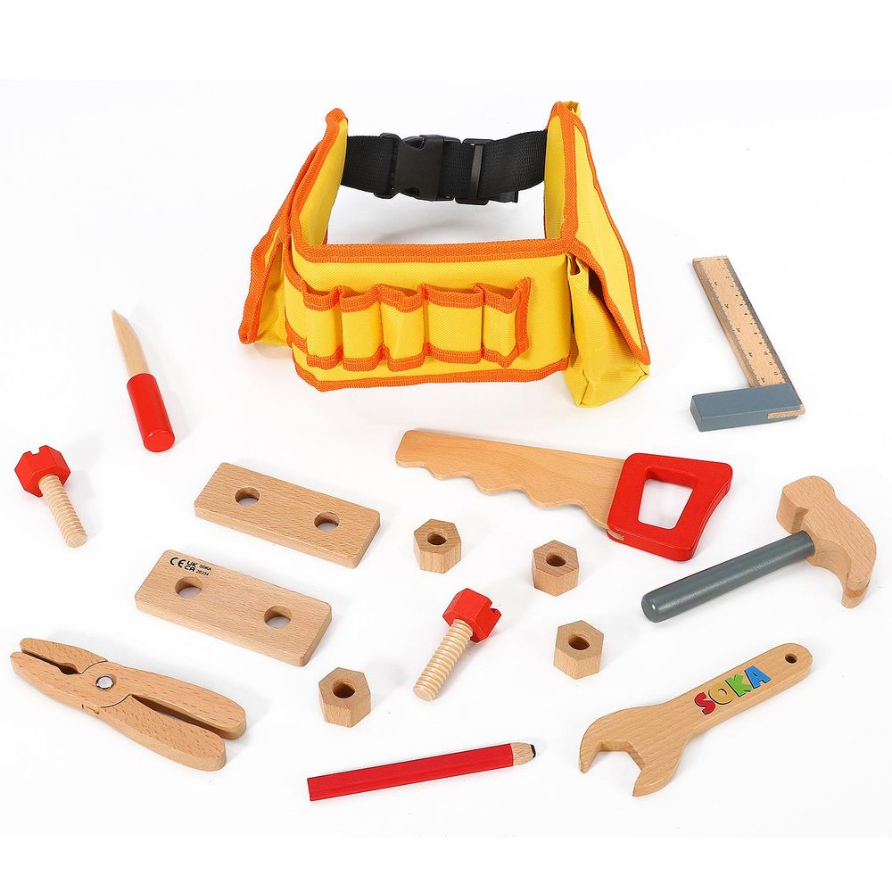 SOKA Wooden Carpenters Tool Belt with Wooden Tools Pretend Play Builder