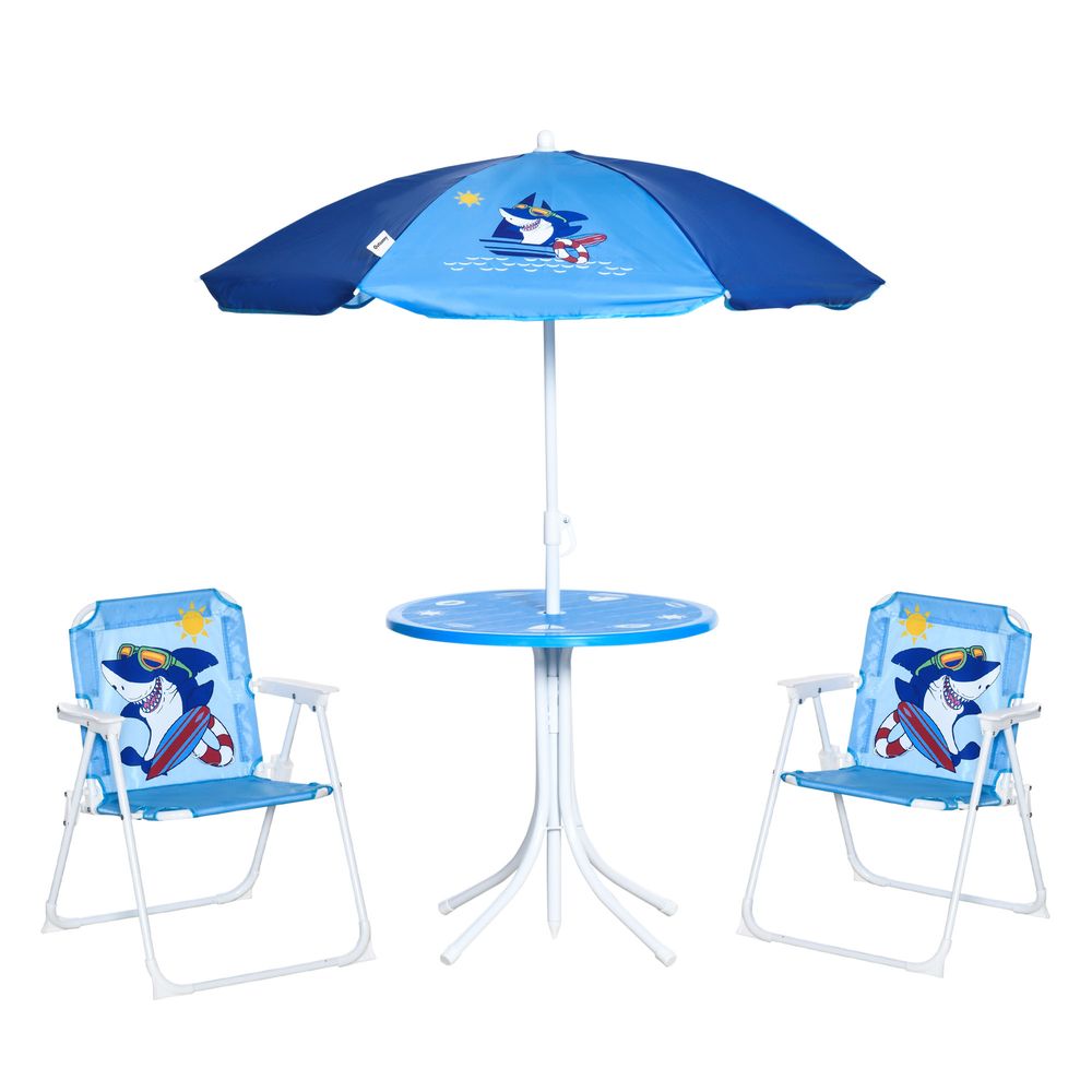 Outsunny Kids Foldable Four-Piece Garden Set with Table Chairs Umbrella Blue