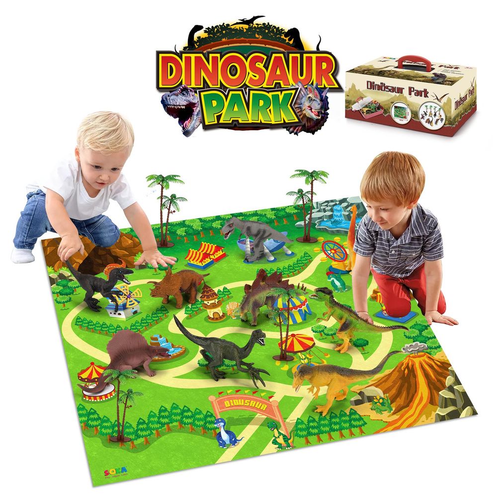 SOKA Dinosaur Park Toy Figure Set with Activity Play Mat Includes TRex Triceratops Velociraptor