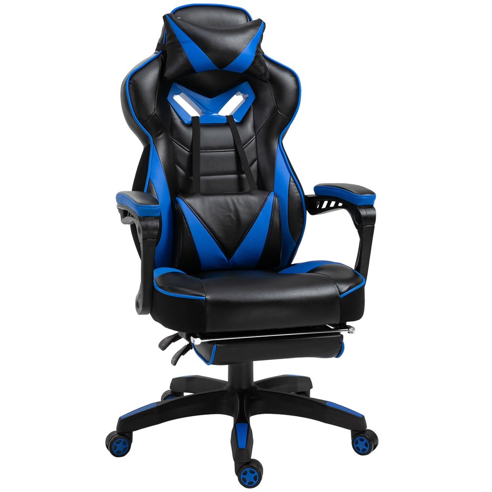 Vinsetto Gaming Chair Ergonomic Reclining w/ Manual Footrest Wheels Stylish Office Blue